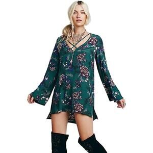 Free People Size XS Emerald Green Floral 'Heart Beat' Printed Tunic Mini Dress